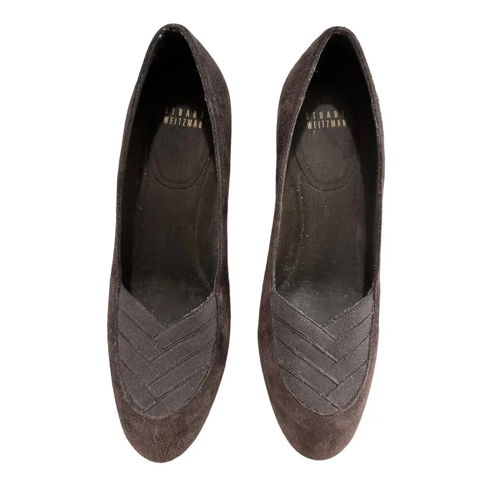 Stuart Weitzman Brown‎ Suede Wedge Pumps Chevron Toe vintage 8.5N - Picture 3 of 9